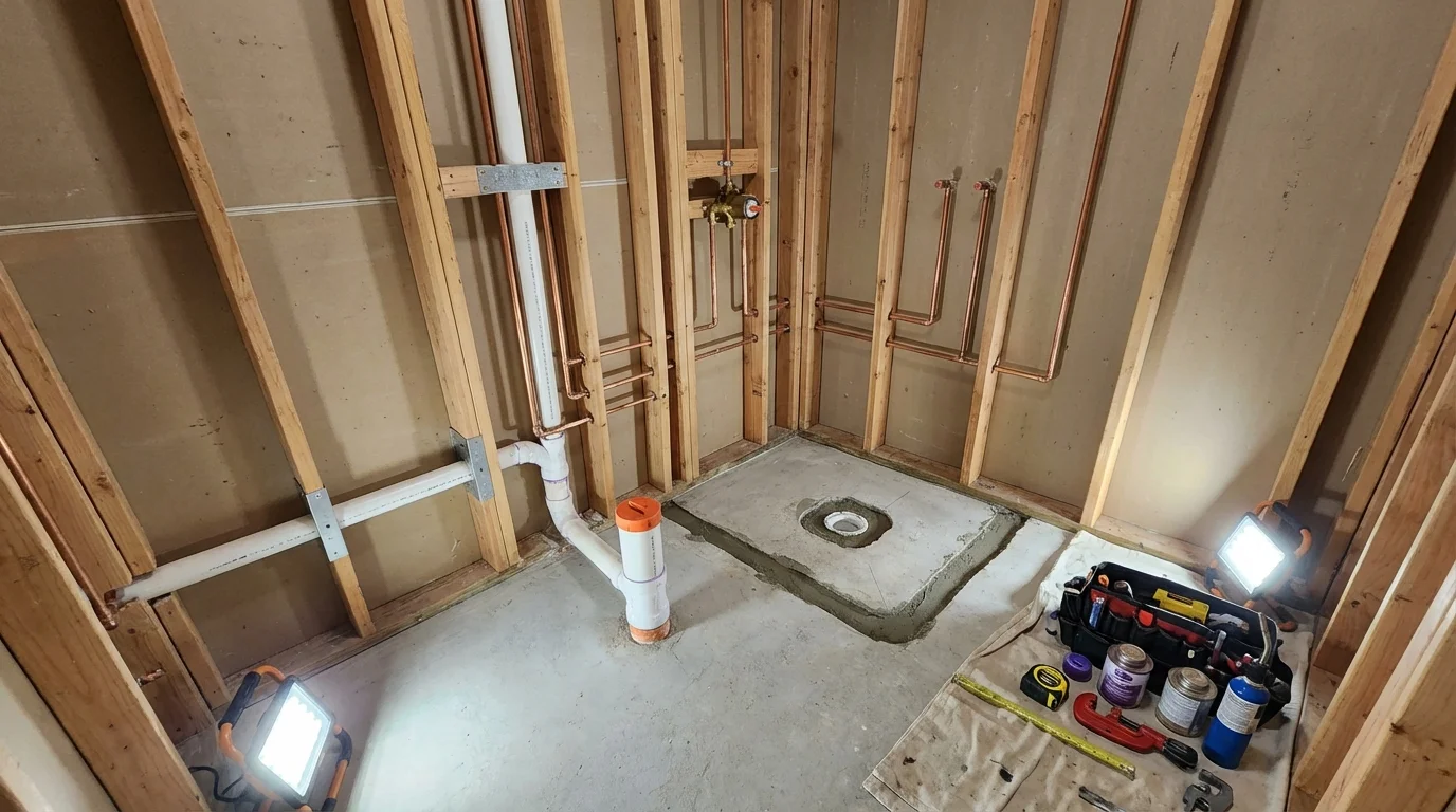 Bathroom rough-in plumbing during remodel by Johns Plumbing LLC in Mosquero
