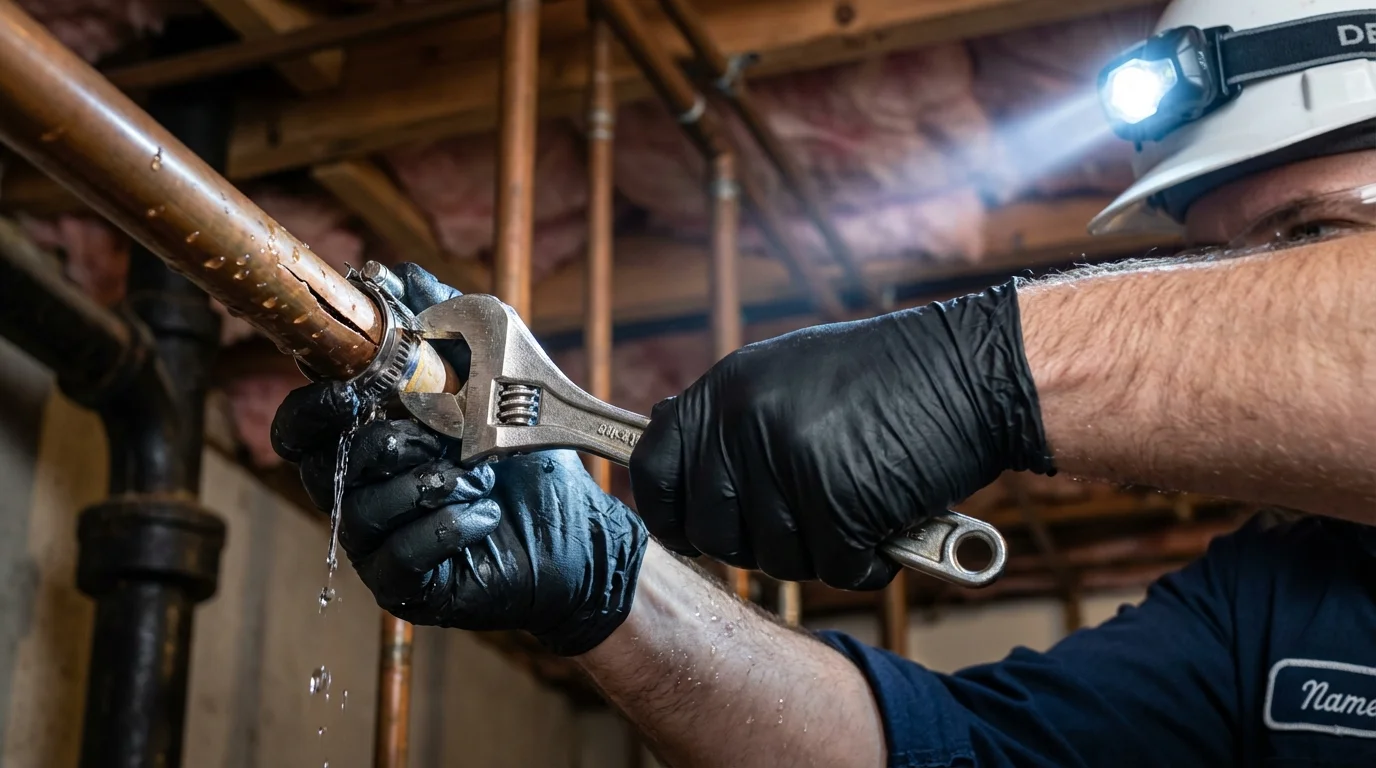 Emergency pipe clamp repair being performed by a Johns Plumbing LLC plumber in Mosquero