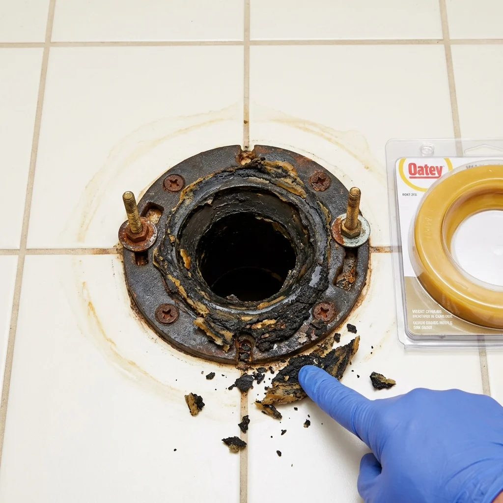 Failed wax ring showing water seepage at the base of a toilet in a Mosquero, NM home