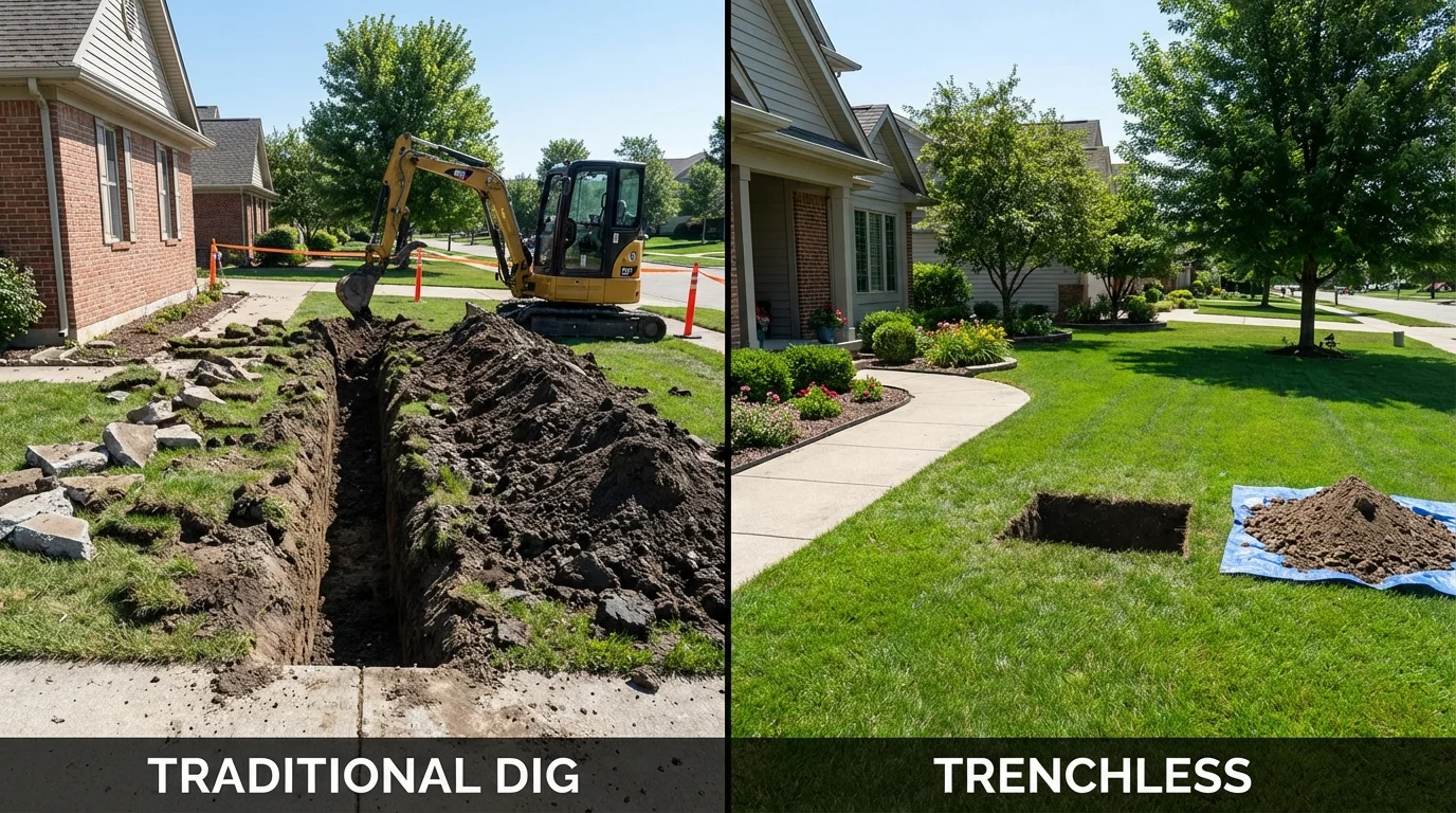 Trenchless sewer repair with minimal yard damage versus traditional excavation in Mosquero, NM